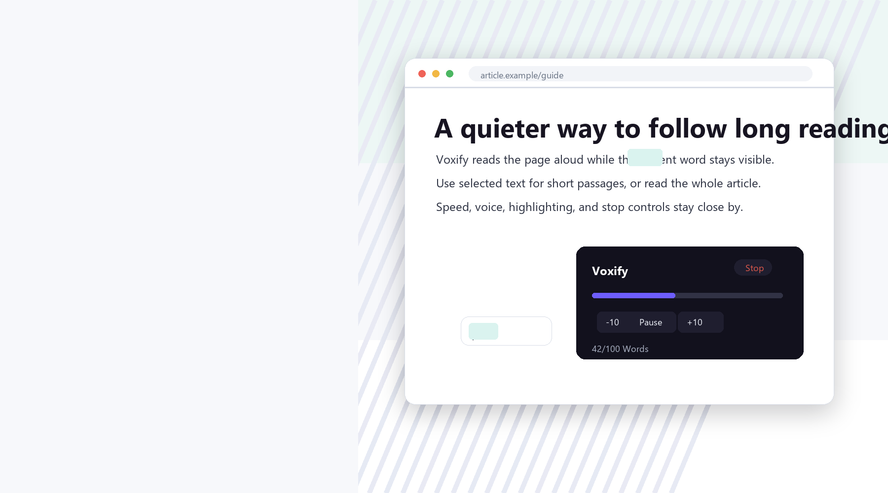 Voxify reading controls highlighting a webpage